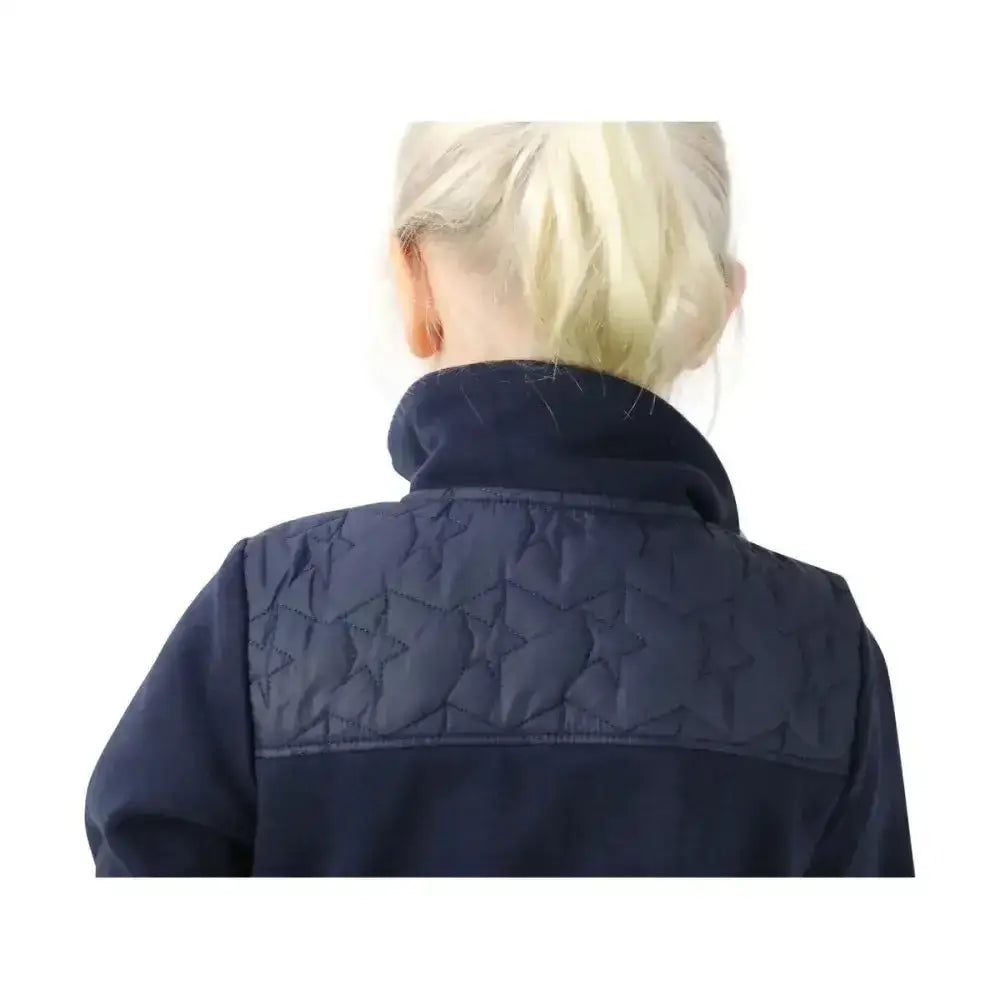 Back view of navy blue quilted sophia jacket with star pattern perfect for a child’s wardrobe outdoor coats by little rider