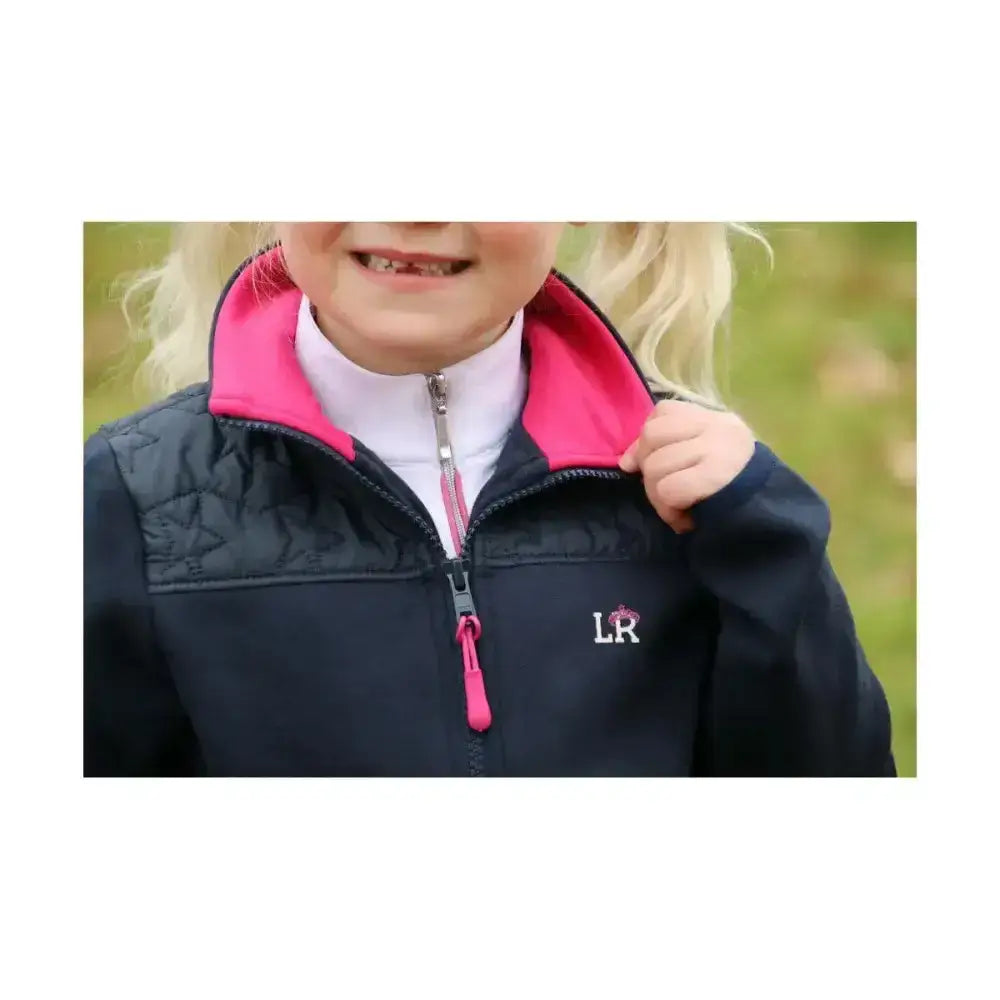 Navy blue quilted sophia jacket with vibrant pink lining and lr logo perfect for a child’s wardrobe outdoor coats