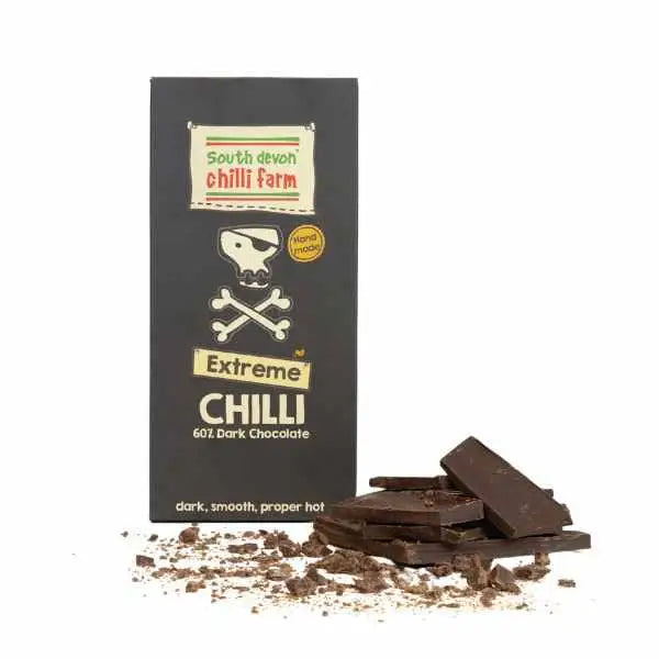 Black 60 percent dark chocolate bar from south devon chilli farm labeled extreme chilli with pirate skull design