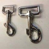 Two shiny silver metal horse rug clips with spring loaded trigger and rectangular handles for secure fastening