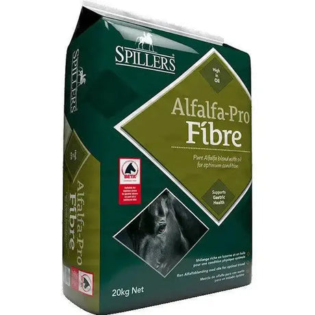 Green and gold spillers alfalfa-pro fibre feed bag with horse image for calorie restricted diet and overweight horses