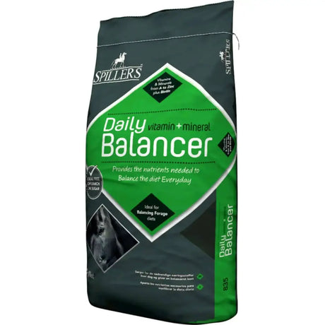 Green and dark gray bag of spillers daily balancer horse feed with amino acids and nutrients typically low for horses