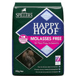 Dark green bag of spillers happy hoof molasses free horse feed with blue and pink label and white text