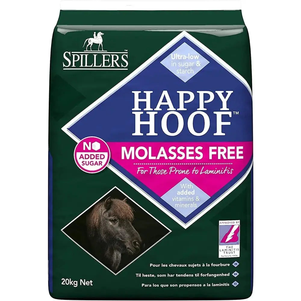 Dark green bag of spillers happy hoof molasses free horse feed with blue and pink label and white text