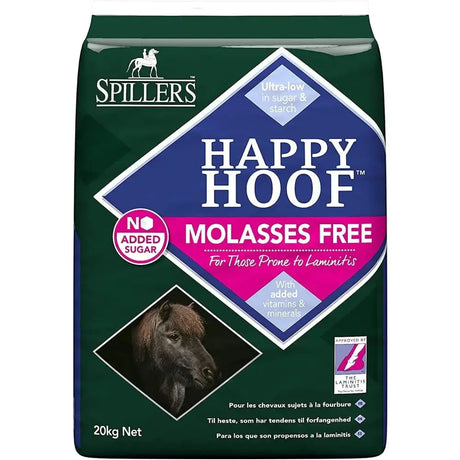 Dark green bag of spillers happy hoof molasses free horse feed with blue and pink label and white text