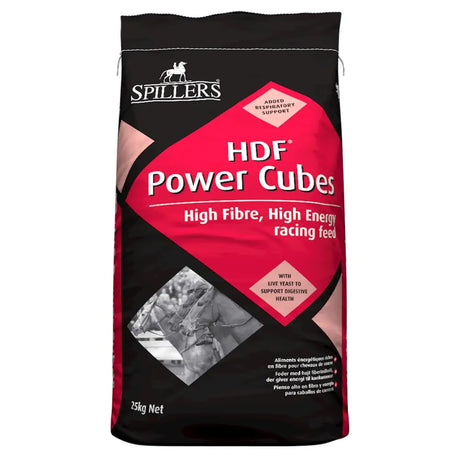 Black and red bag of spillers hdf power cubes high fibre racing feed for muscle health and energy in horses