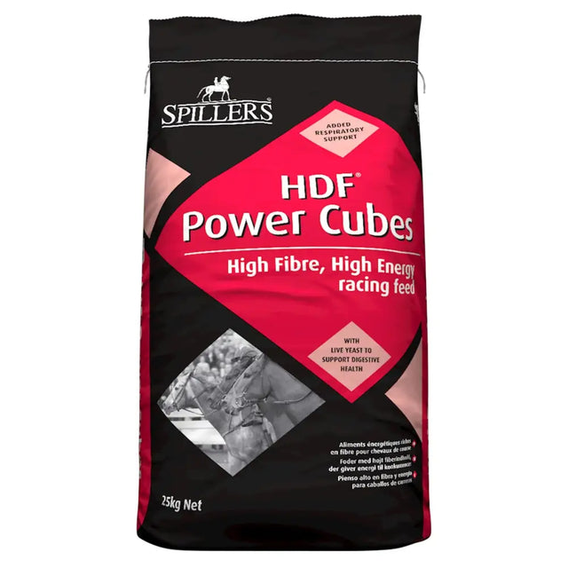 Black and red bag of spillers hdf power cubes high fibre racing feed for muscle health and energy in horses
