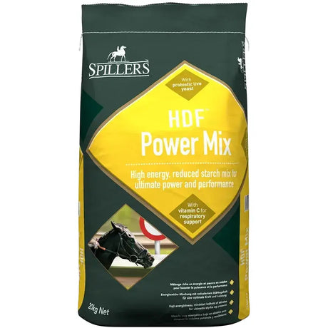 Dark green and yellow bag of spillers hdf power mix horse feed with high energy formula for muscle health