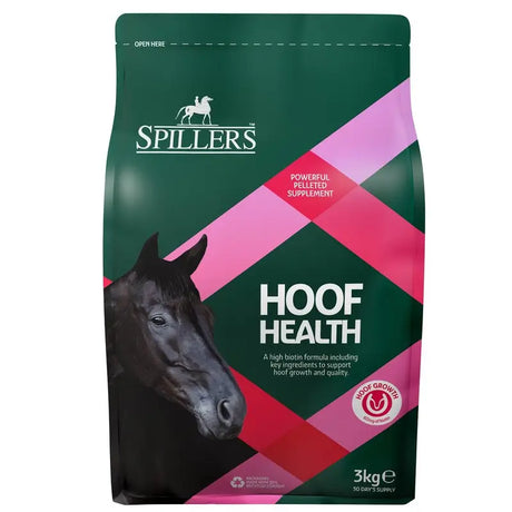 Green and pink geometrically patterned bag of spillers hoof health supplement 3kg for better hoof health in horses