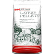White bag of spillers layers pellets 20 kg with red striped base and black and white farm illustration