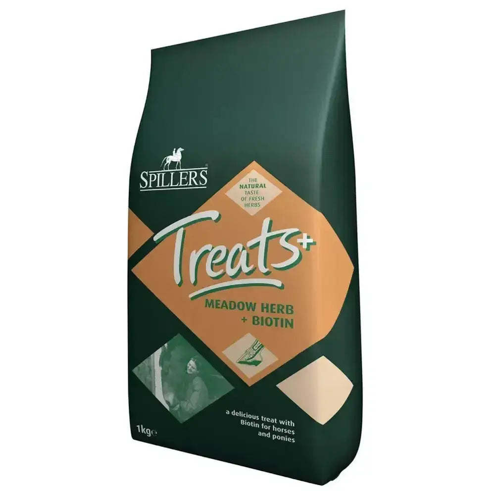 Dark green bag of spillers meadow herb biotin horse treats 1kg for healthy coat and digestion