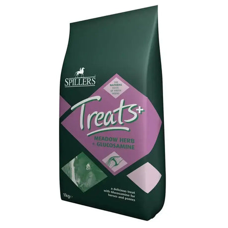 Dark green bag of spillers meadow herb glucosamine horse treats 1kg for joint support and nutrition