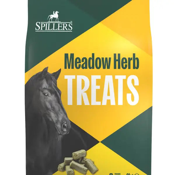 Spillers meadow herb horse treats 3kg bag with dark green yellow packaging and black horse illustration with treats shown
