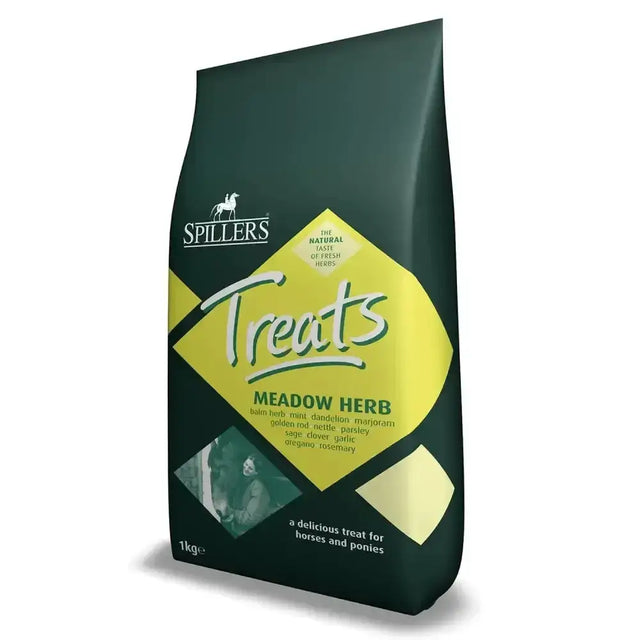 Dark green bag of spillers meadow herb horse treats with a yellow diamond label and white cursive text on front