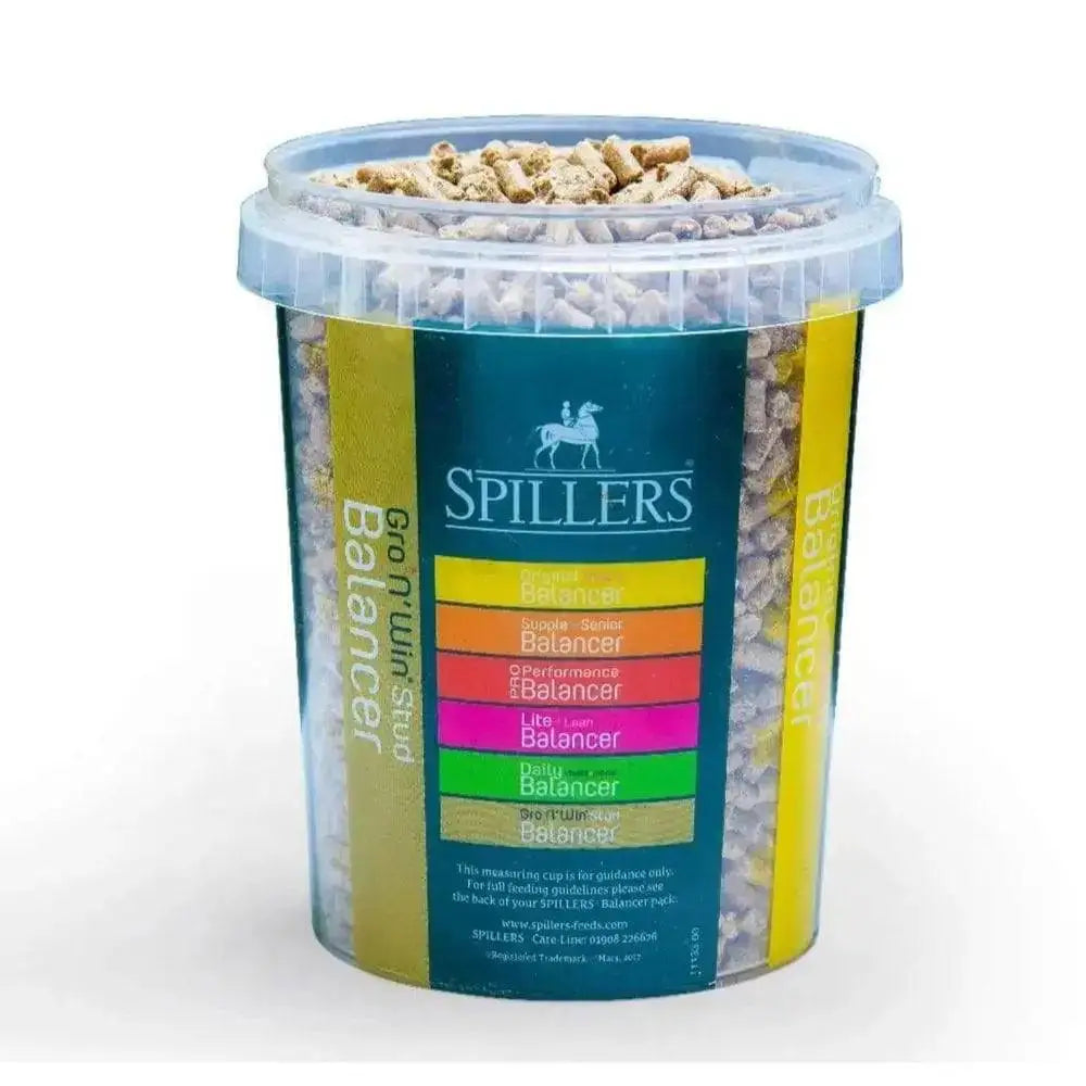 Clear plastic spillers measuring cup filled with light horse feed pellets labeled gran n win stud balancer
