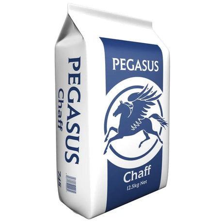 White and blue spillers pegasus chaff bag with winged horse logo labeled 12.5kg net weight dust extracted