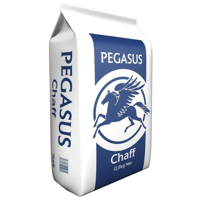 White and blue spillers pegasus chaff bag with winged horse logo labeled 12.5kg net weight dust extracted