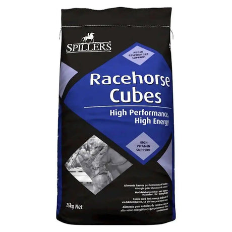 Black and blue bag of spillers racehorse cubes high energy racing feed formulated for racehorse nutrition and performance
