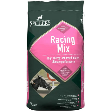 Spillers racing mix high energy oat based horse feed in dark green and vibrant pink bag with flaked barley for performance