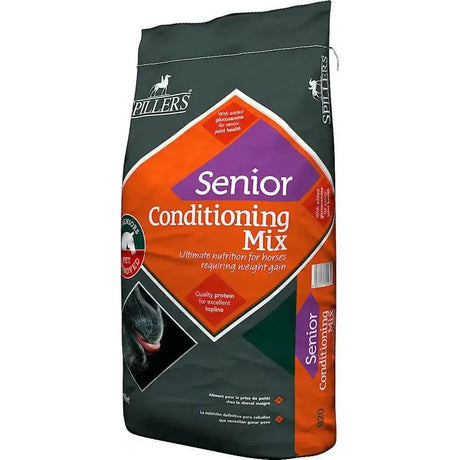 A dark green and orange bag of spillers senior conditioning mix for active senior horses needing weight gain