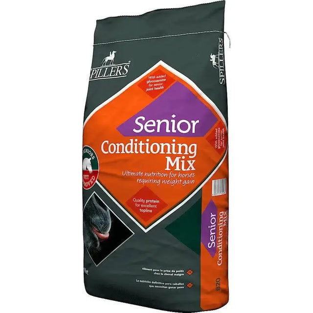 A dark green and orange bag of spillers senior conditioning mix for active senior horses needing weight gain