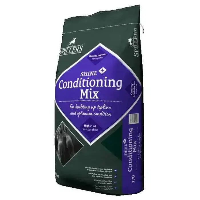 Dark green and purple bag of spillers shine+ conditioning mix for horses carefully formulated for coat shine and health