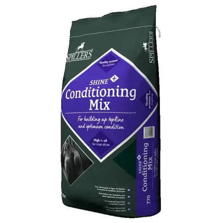 Dark green and purple bag of spillers shine+ conditioning mix carefully formulated for glossy horse coat shine+ conditioning mix