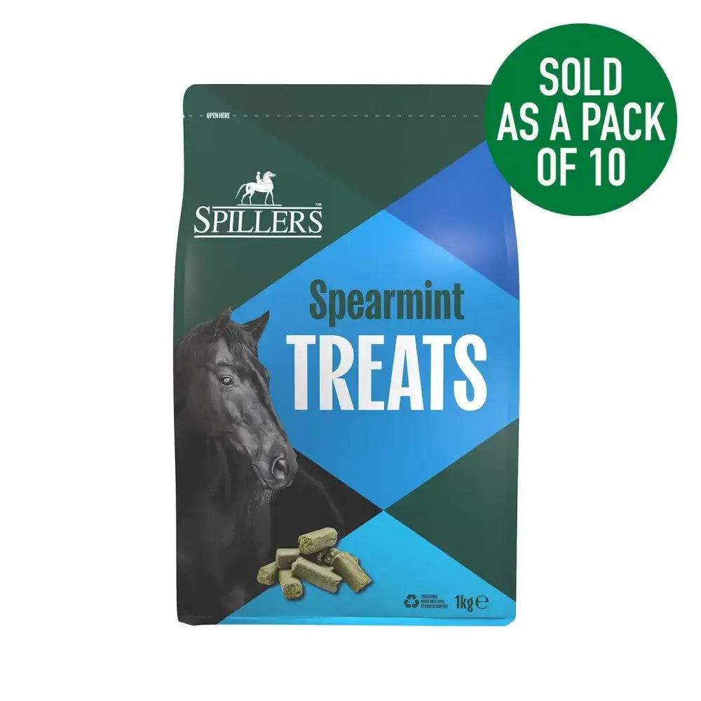 A 1kg bag of spillers spearmint horse treats with a black horse illustration on a blue and green geometric design