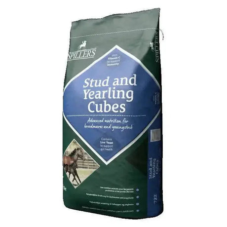 Dark green and blue bag of spillers stud and yearling cubes highly digestible cube horse feed for young horses