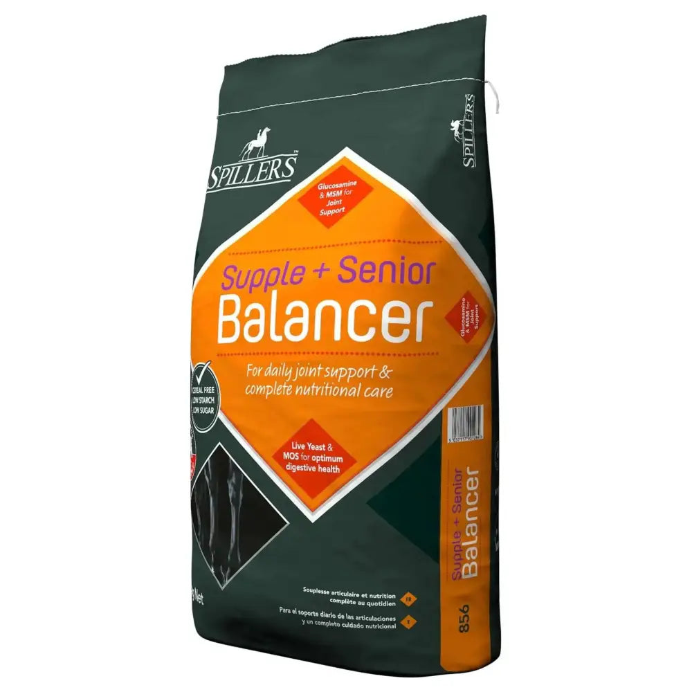 Dark green and orange bag of spillers supple senior balancer horse feed for older horses and supplements
