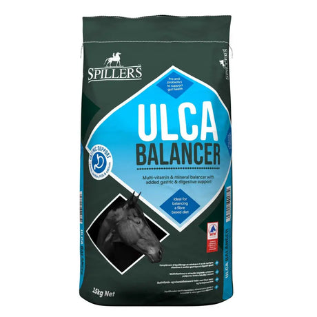 Dark green and blue bag of spillers ulca balancer horse feed with a black and white horse head for gastric ulcers and mineral balancer