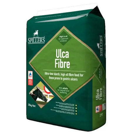 Deep green bag of spillers ulca fibre low sugar fibre feed with diamond label and black horse image on front