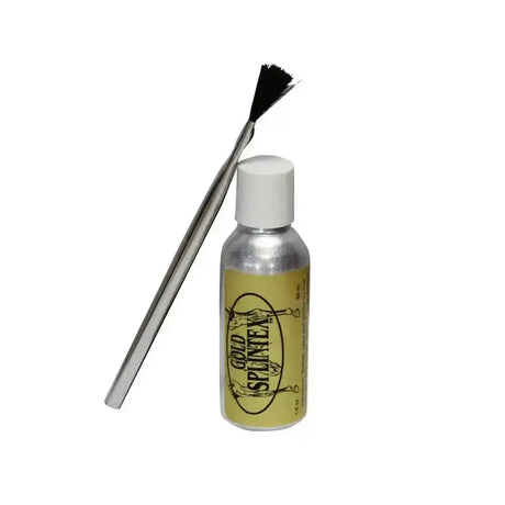 Silver aluminum splintex gold bottle with yellow label white cap and metal brush with black bristles next to draw string bag