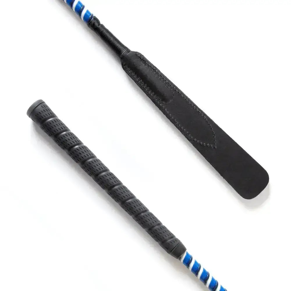 Black leather split flap jump bat whip with textured grip and blue white striped handle for riding use