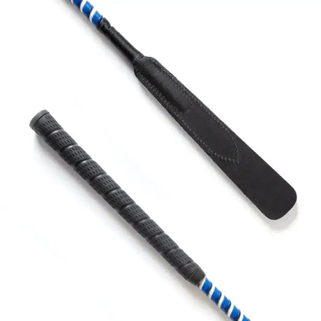 Black leather split flap jump bat whip with textured grip and blue white striped handle for riding use