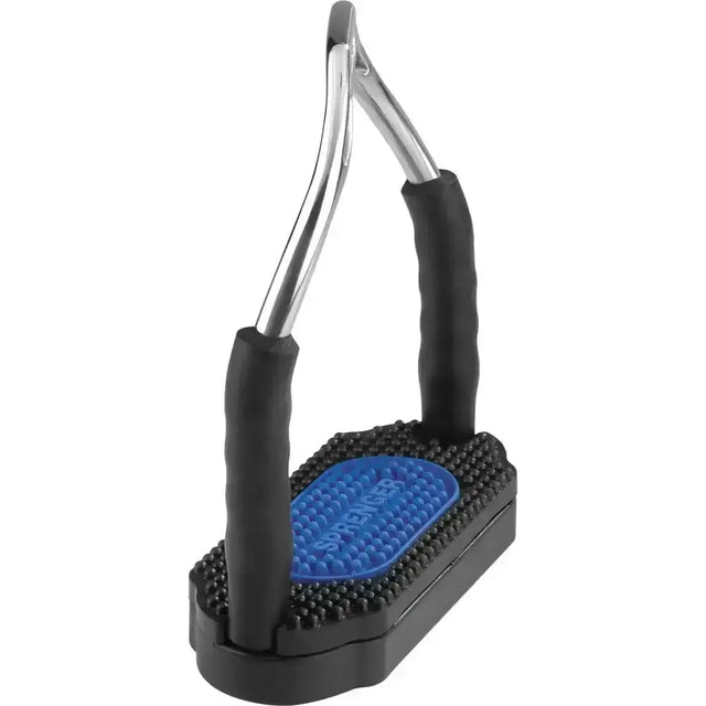 Black and blue sprenger bow balance safety stirrup with chrome frame and textured rubber grip for secure riding balance