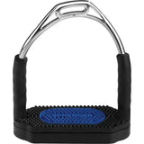 Silver-toned sprenger bow balance safety stirrup with black rubber grips and blue branded insole for balance safety use