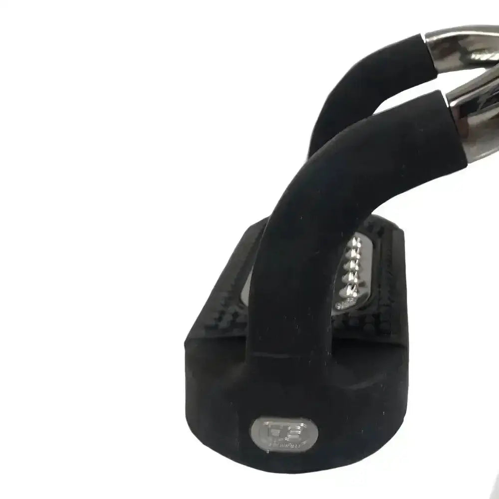 Sprenger flexicite grip stirrup with black rubber-coated metal handle and sleek curved design with silver accents