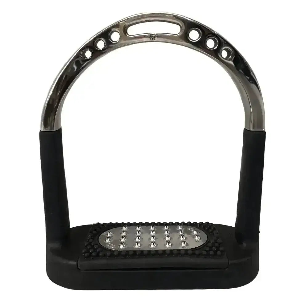 Black rubber sprenger flexicite grip stirrup with polished chrome arch and studded footplate for extra grip