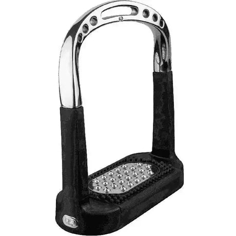 Chrome finished sprenger flexicite grip stirrup with black rubberized grips and textured metal plate with raised studs
