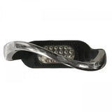 Shiny chrome-plated sprenger flexicite grip stirrup with black rubberized base and small circular indentations