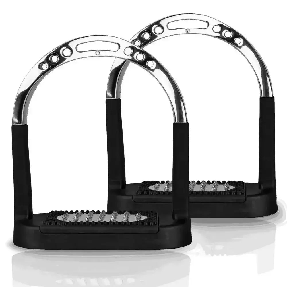 Shiny chrome-rimmed sprenger flexicite grip stirrups with black rubber footpads and textured flexicite grip surfaces