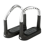 A pair of black and chrome sprenger flexicite stirrups with jointed design and textured grippy footpads