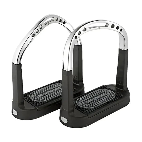 A pair of black and chrome sprenger flexicite stirrups with jointed design and textured grippy footpads