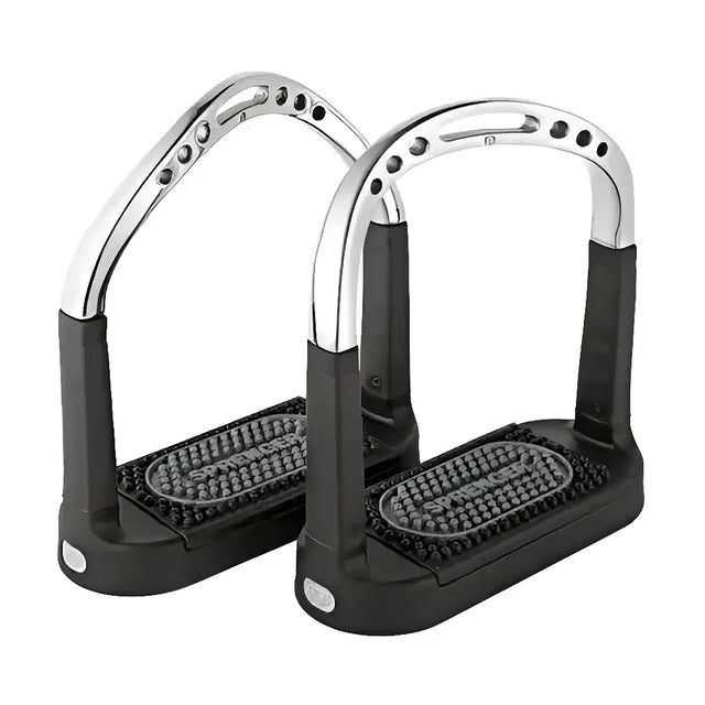 A pair of black and chrome sprenger flexicite stirrups with jointed design and textured grippy footpads