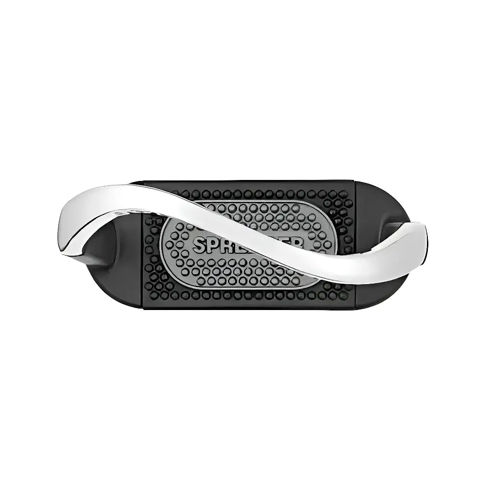 Silver and black jointed stirrups with a sleek curved metallic arm and textured grip surface from sprenger flexicite stirrups