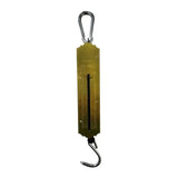 Gold-colored spring balance with silver hook and carabiner engraved for weighing horses hay and horse feed accurately