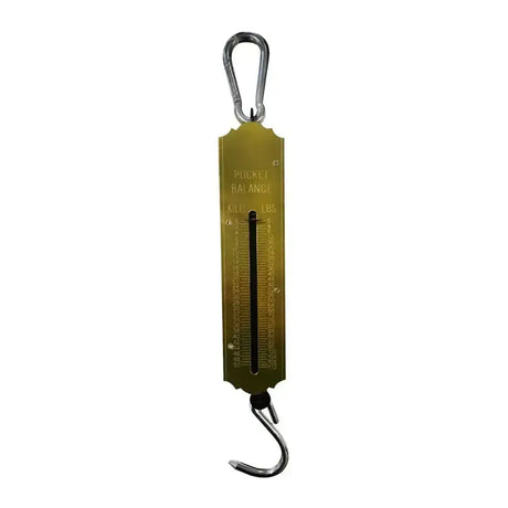 Gold-colored spring balance with silver hook and carabiner engraved for weighing horses hay and horse feed accurately