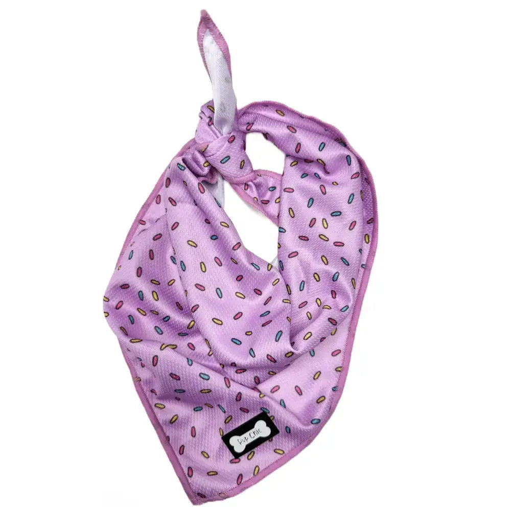 Lavender days cooling bandana with playful multicolored sprinkle pattern pink trim made from cooling fabric