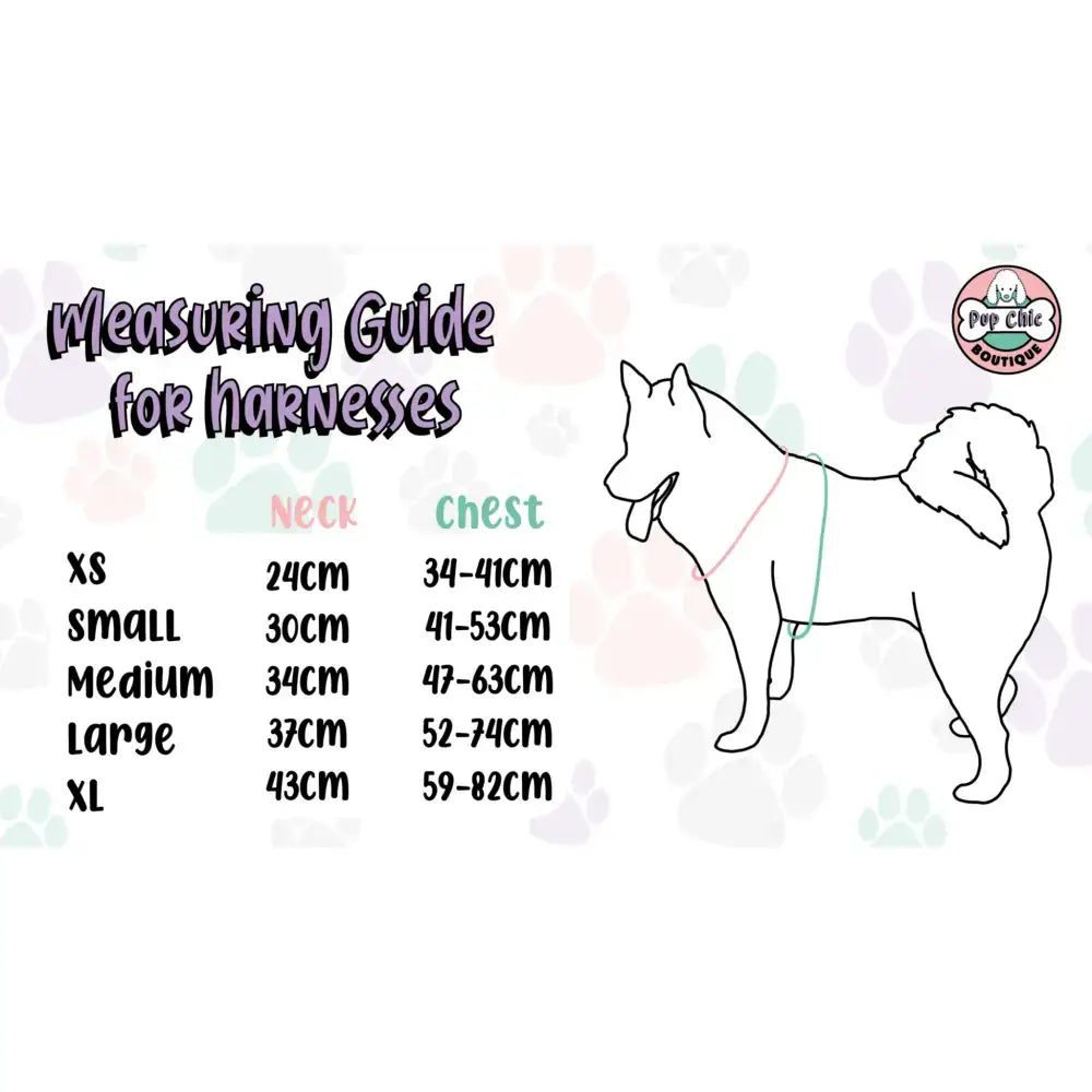 Measuring guide for sprinkles for days reversible dog harness with sprinkle print yellow trim and husky size chart